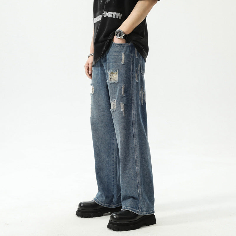 Distressed Patch Wide-Leg Jeans