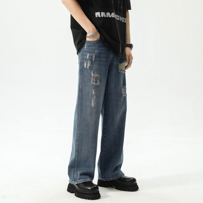 Distressed Patch Wide-Leg Jeans